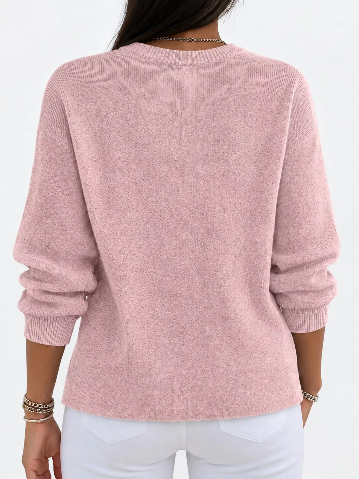 Corinne Classic Crew-Neck Sweater in Pink, on model