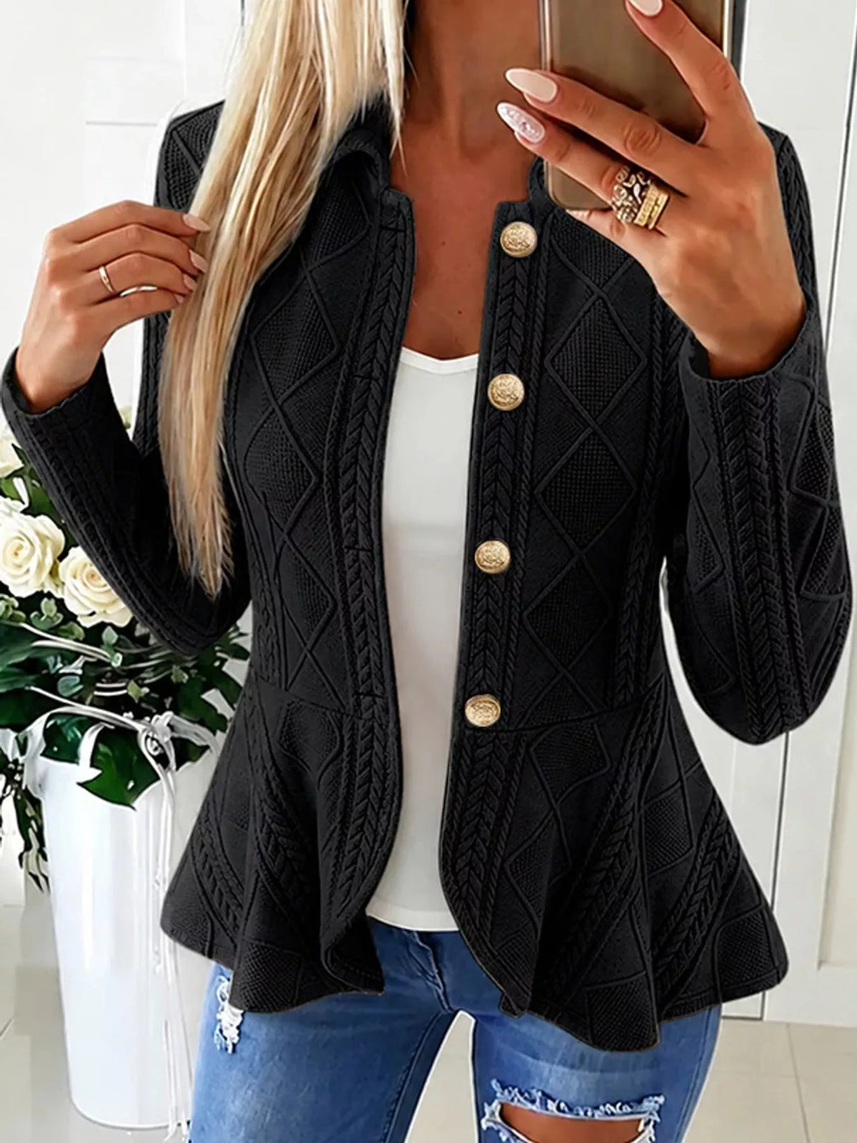 Briar Cable-Knit Peplum Cardigan in Black, on model