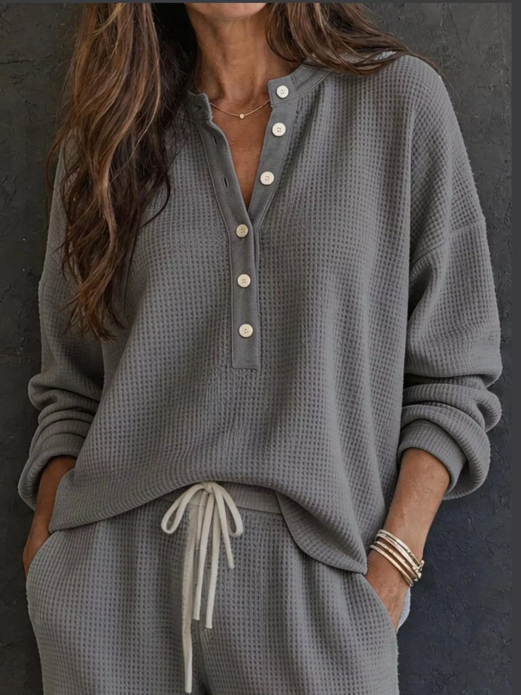 Thea Waffle-Knit Henley + Wide-Leg Pants Set in Gray, on model