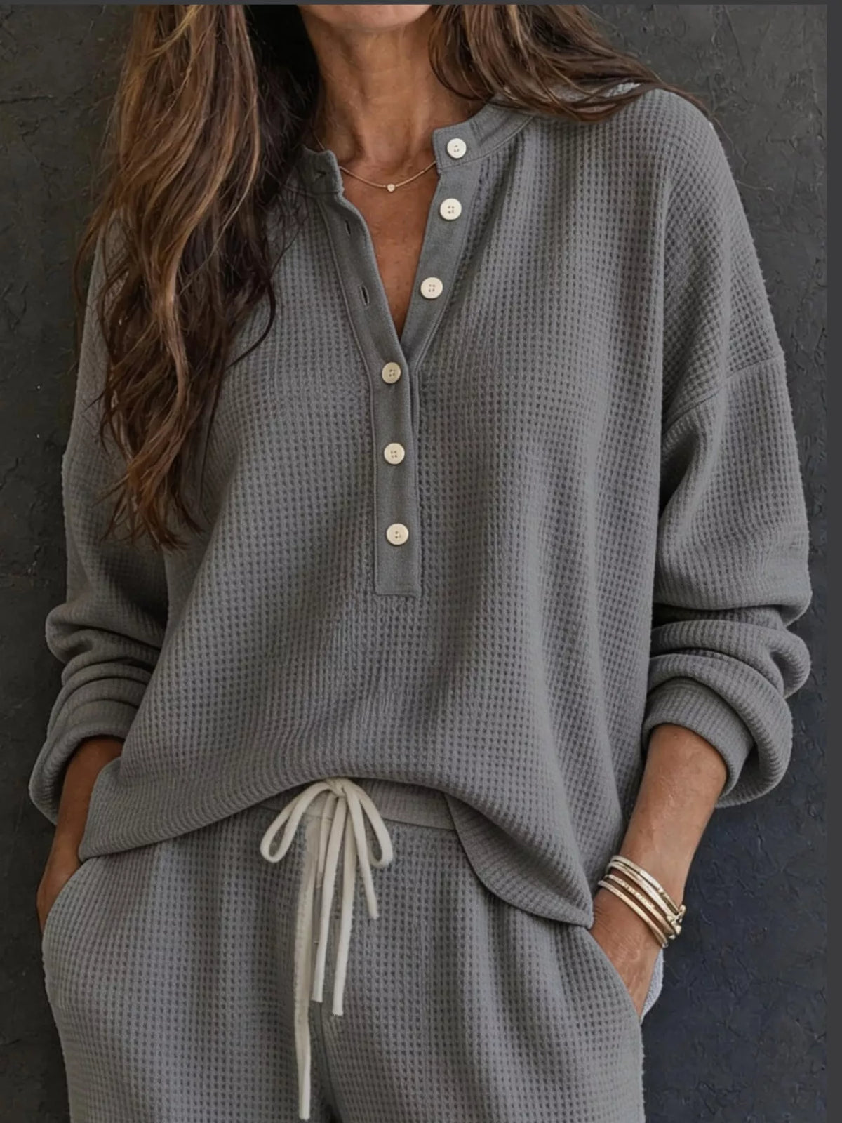 Thea Waffle-Knit Henley + Wide-Leg Pants Set in Gray, on model