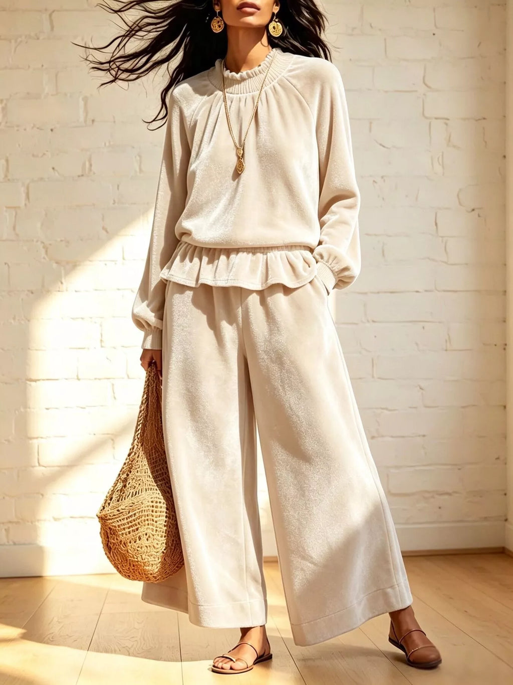 Theodora Velvet Peplum Top + Wide-Leg Pant Set in Beige, on model
