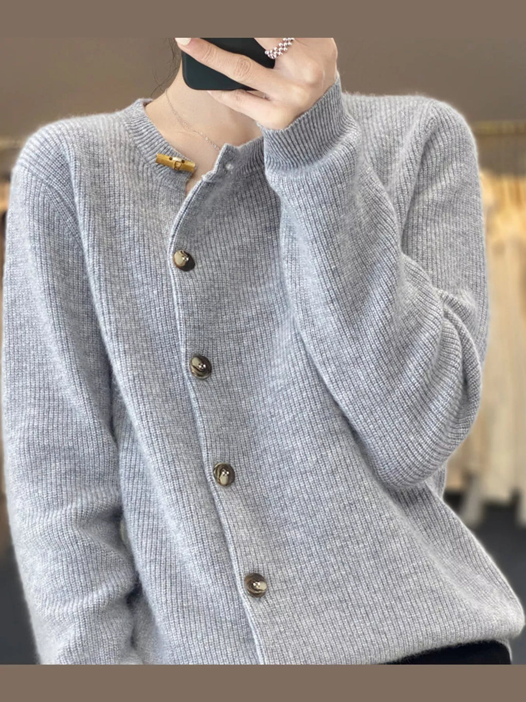 Nell Asymmetric Button Ribbed Cardigan in Light Gray, on model