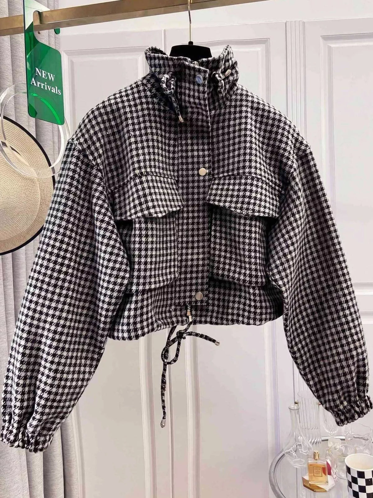 Sadie Houndstooth Cropped Utility Jacket in Black And White, on model