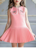 Winnie Bow-Collar Pleated Dress in Pink, on model