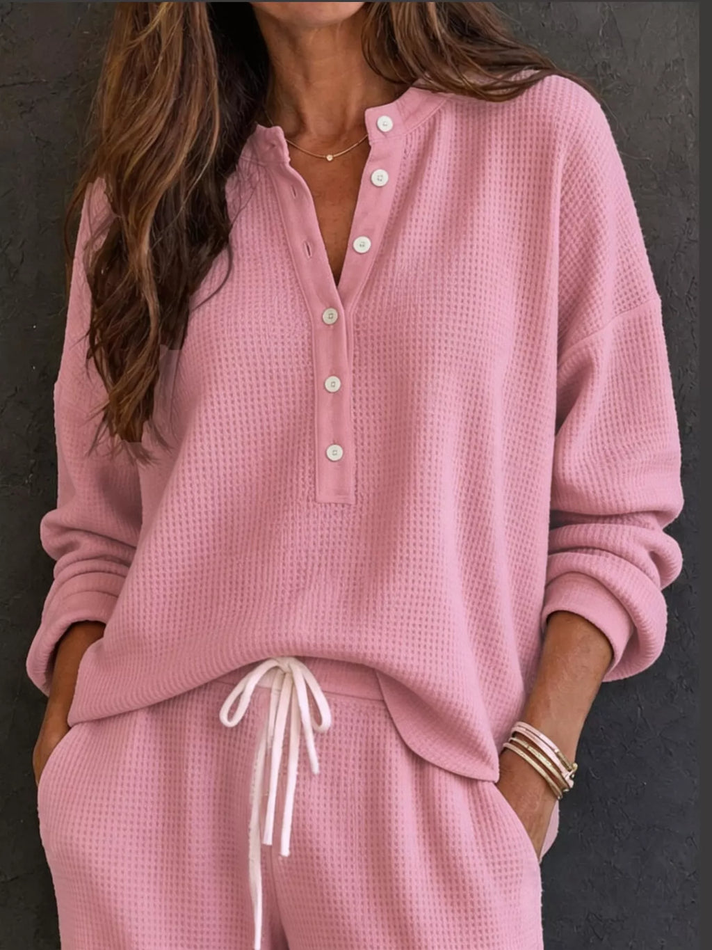 Thea Waffle-Knit Henley + Wide-Leg Pants Set in Pink, on model