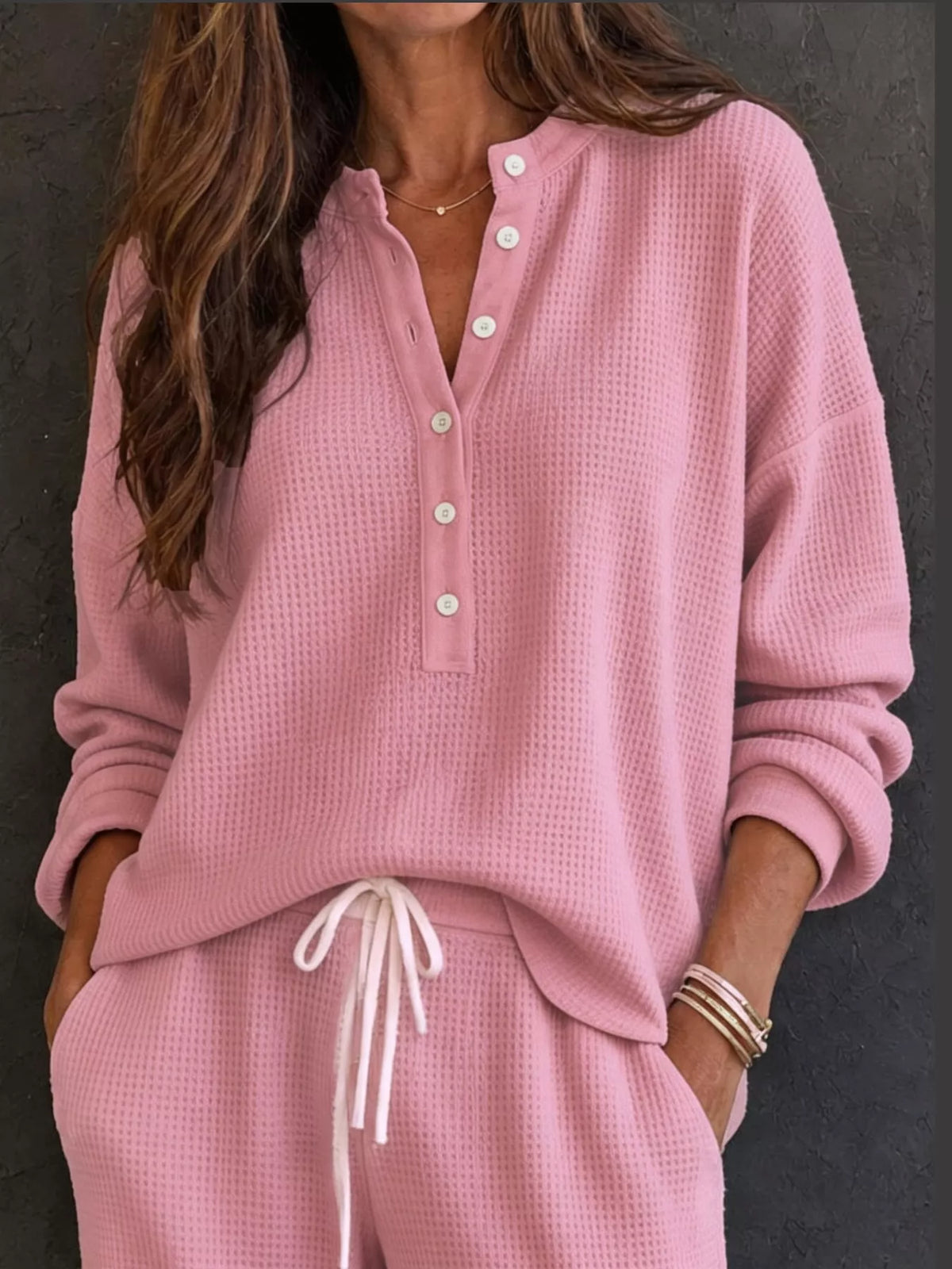 Thea Waffle-Knit Henley + Wide-Leg Pants Set in Pink, on model
