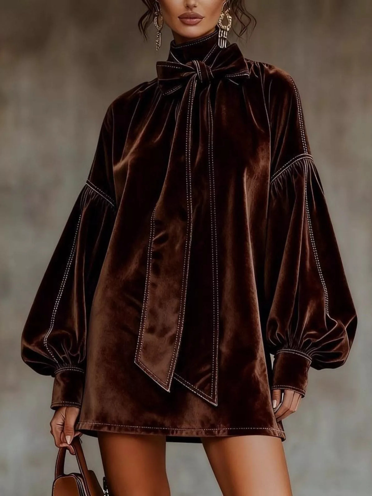 Marguerite Brown Velvet Bow-Neck Mini Dress, on model