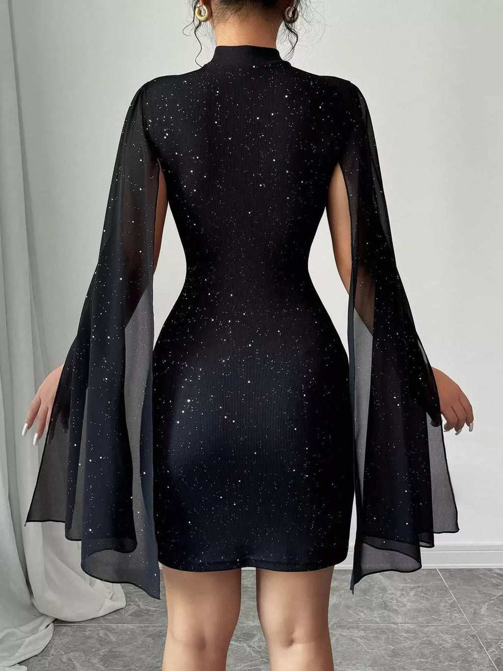 Coralie Glitter Cape-Sleeve Mock-Neck Mini Dress in Black, on model