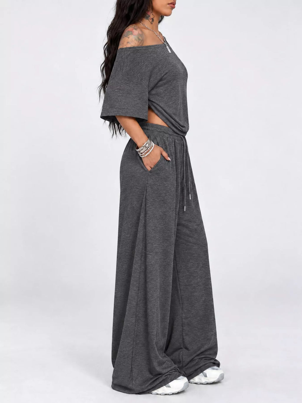 Linnea Off-Shoulder Top + Wide-Leg Pants Set in Dark Gray, on model
