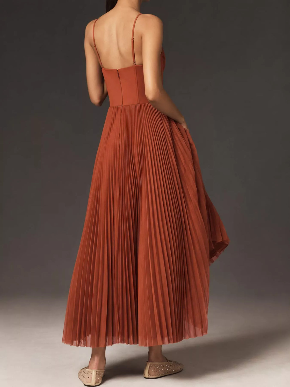 Saoirse Pleated Sweetheart Midi Dress in Brown, on model