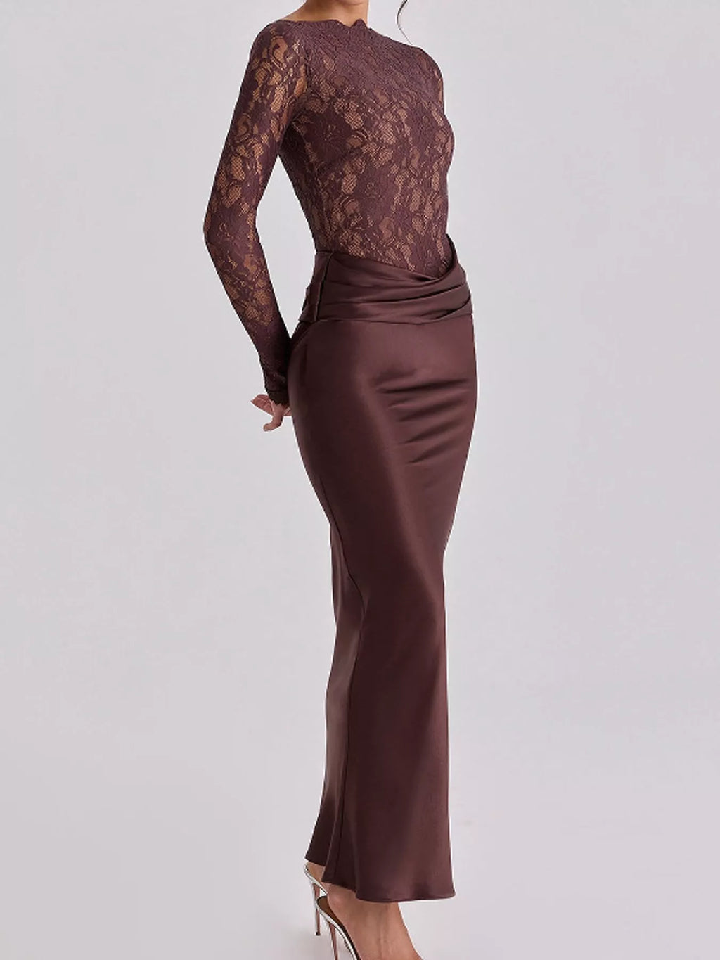 Delphine Lace + Satin Long-Sleeve Maxi Dress in Dark Red, on model