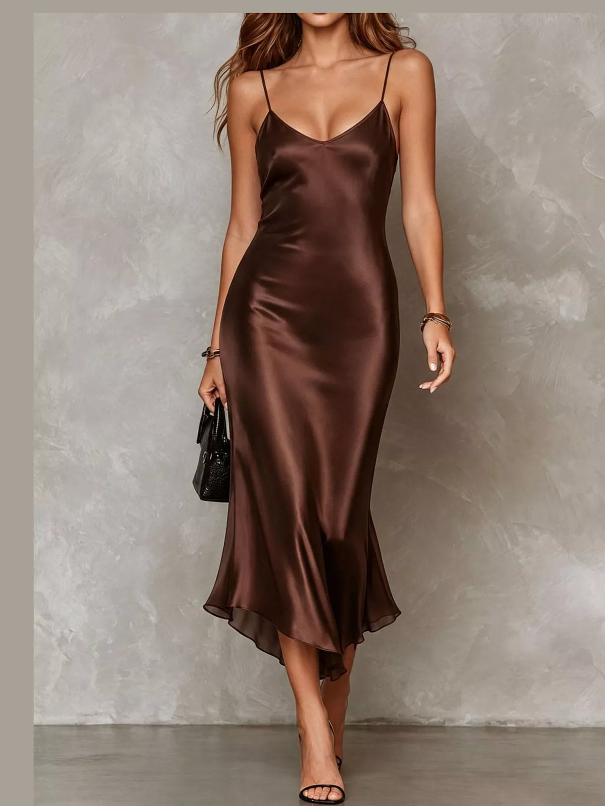 Calla Satin Slip Dress + Sheer Cape Set in Coffee, on model