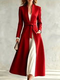 Fiora Tie-Waist Long Coat in Red, on model