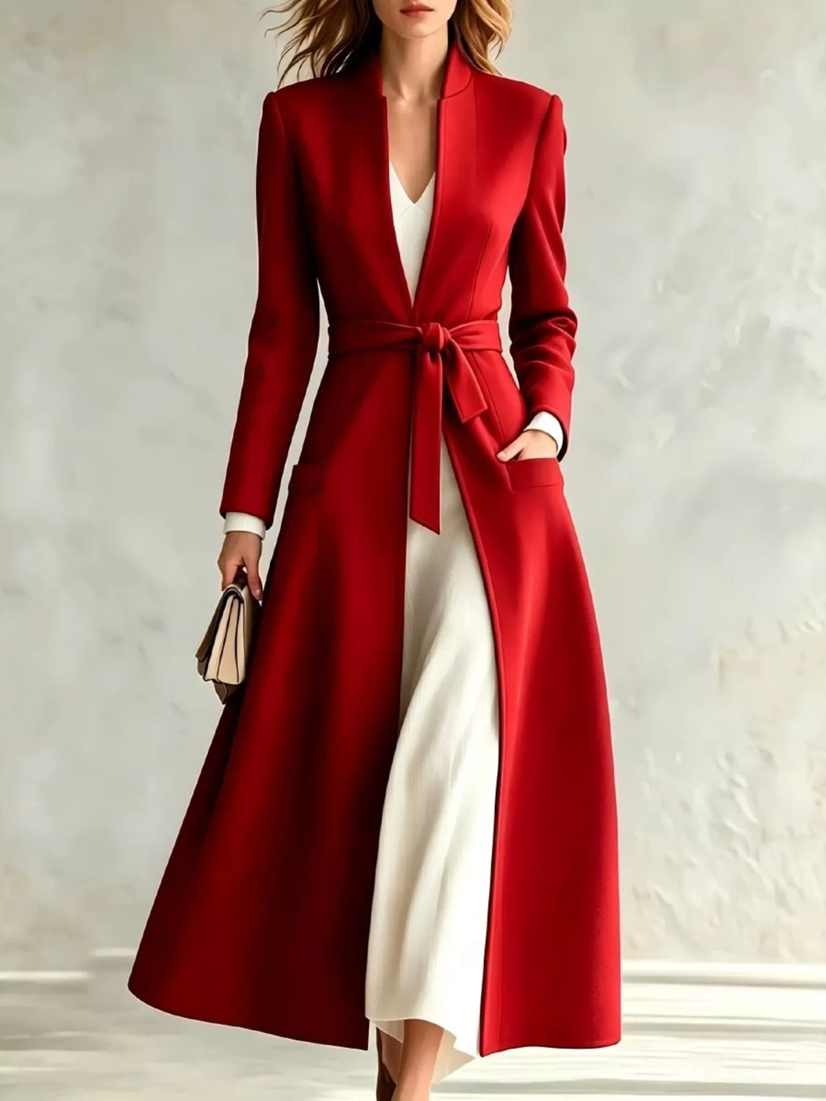 Fiora Tie-Waist Long Coat in Red, on model