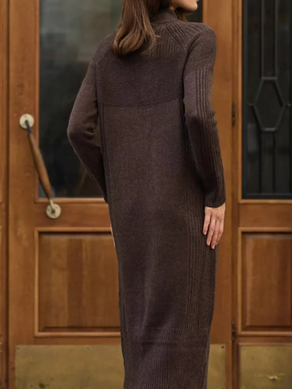 Annelise Half-Zip Ribbed Sweater Maxi Dress in Coffee, on model