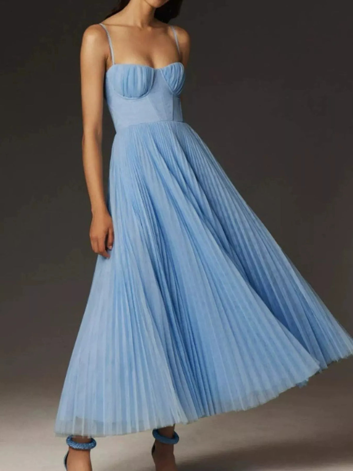 Saoirse Pleated Sweetheart Midi Dress in Sky Blue, on model