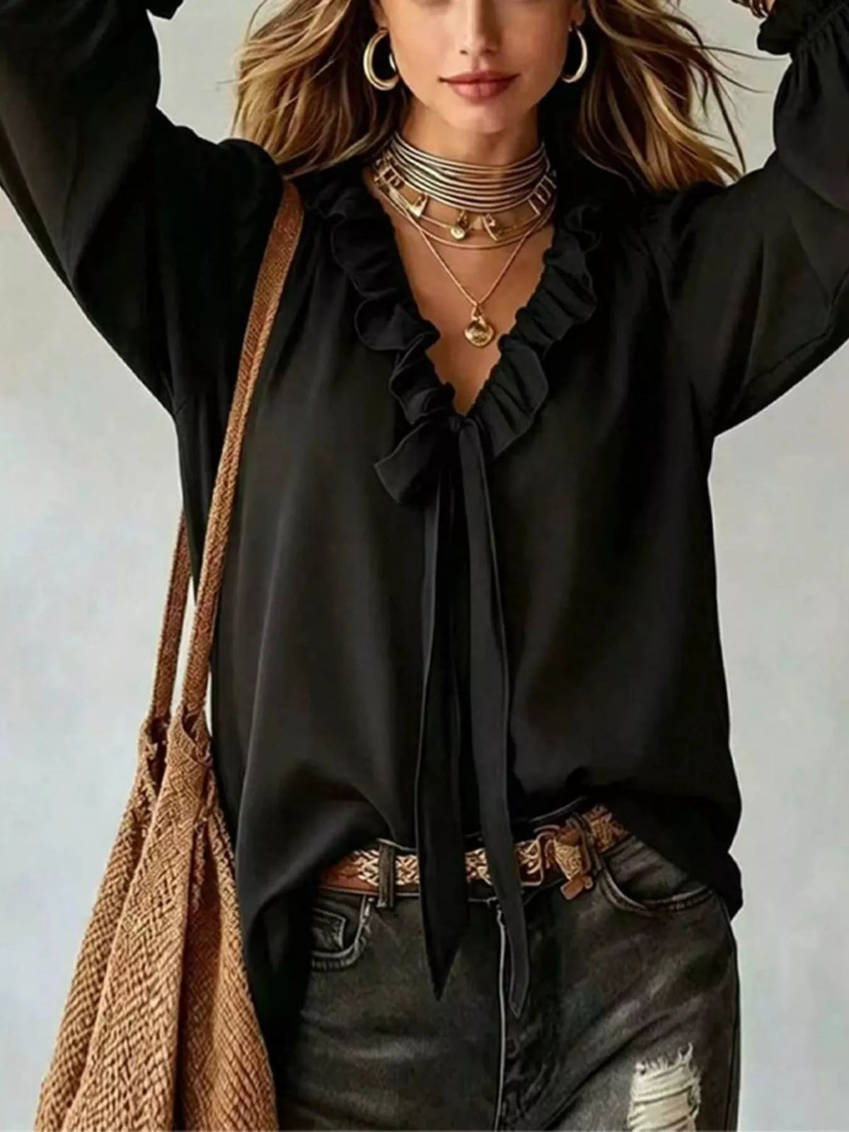 Hollis Ruffled Tie-Front Blouse in Black, on model