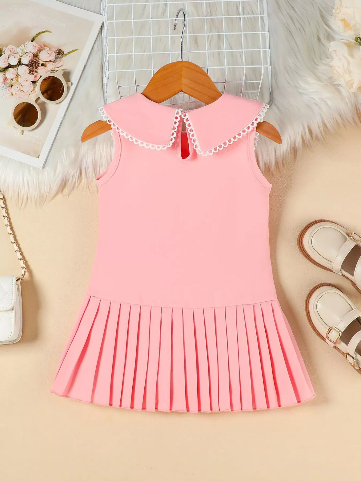 Winnie Bow-Collar Pleated Dress in Pink, on model