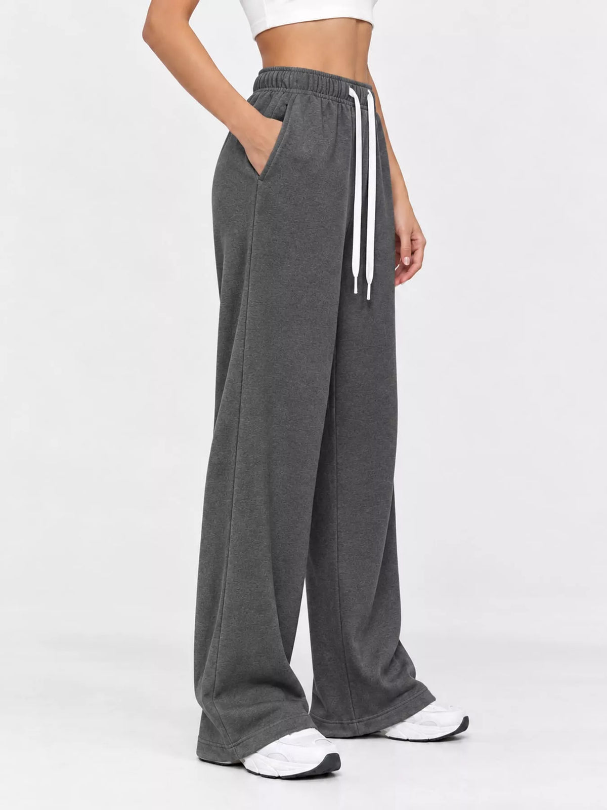 Odessa Drawstring Wide-Leg Sweatpants in Dark Gray, on model
