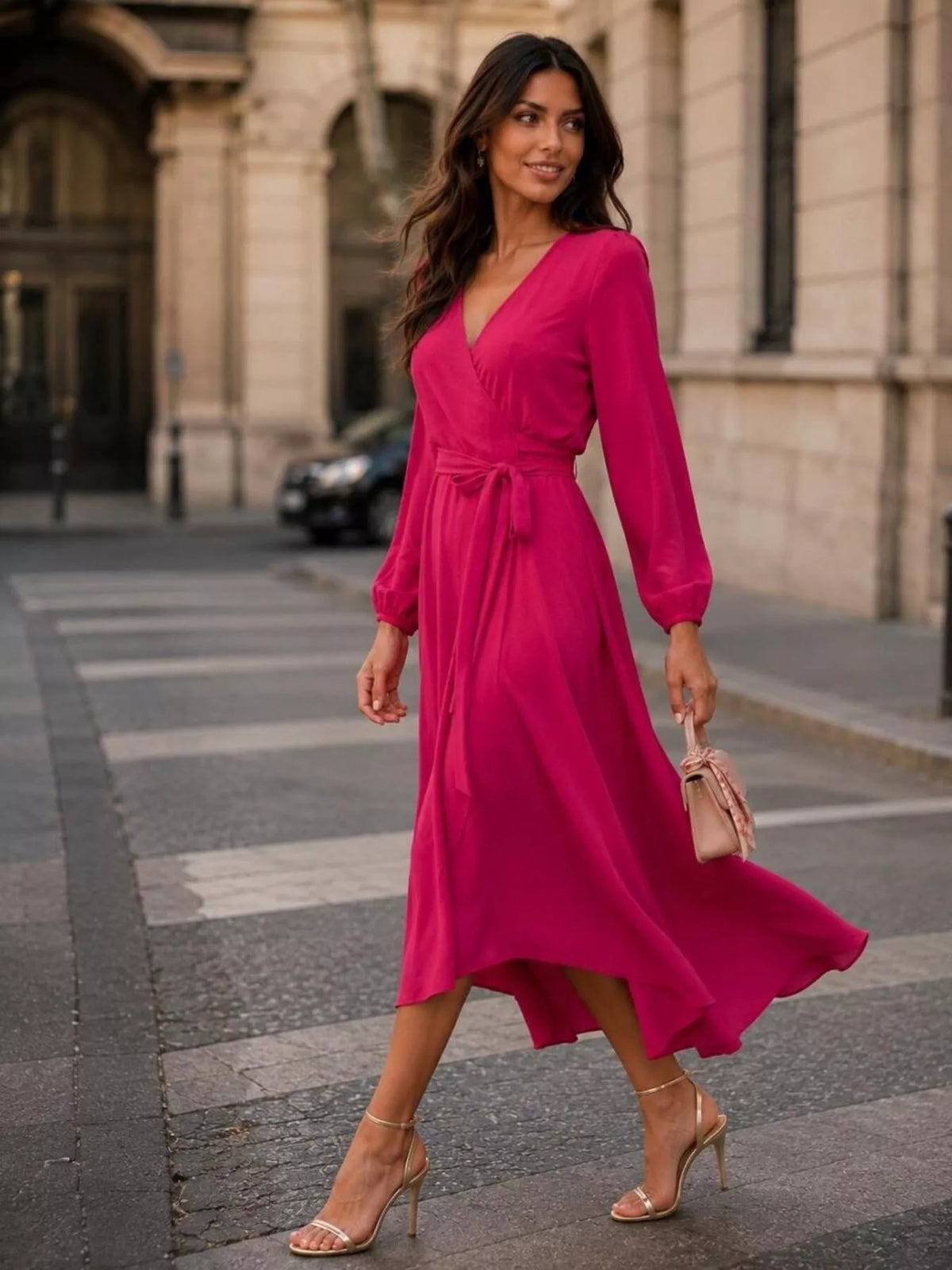 Ines Long-Sleeve Wrap Dress in Scarlet, on model