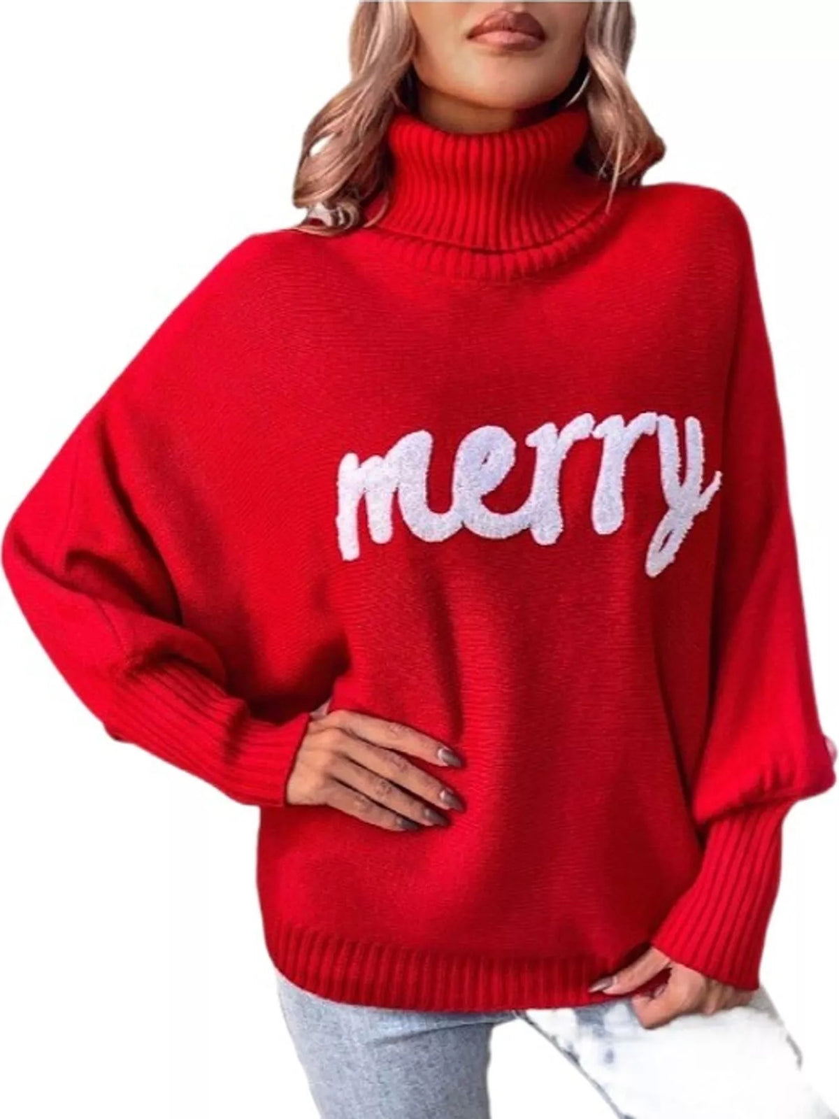 Mabel Merry Turtleneck Sweater in Red, on model