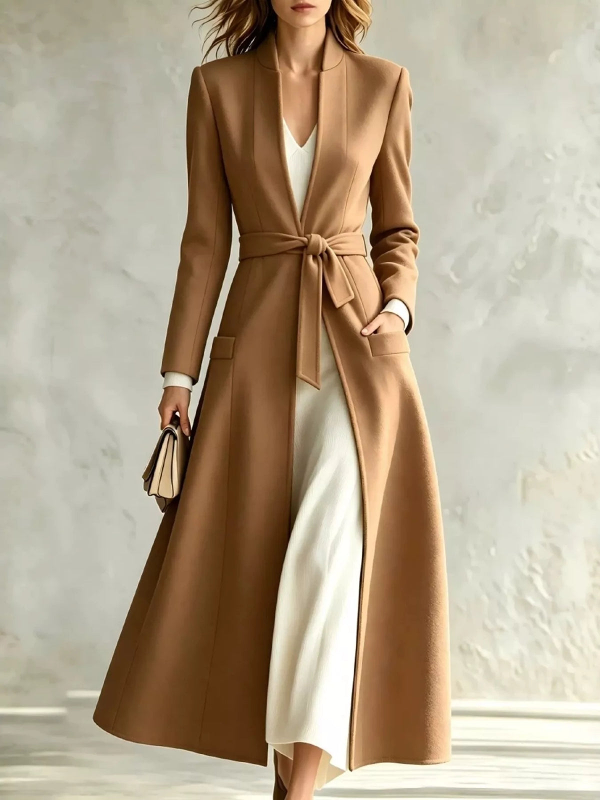 Fiora Tie-Waist Long Coat in Khaki, on model