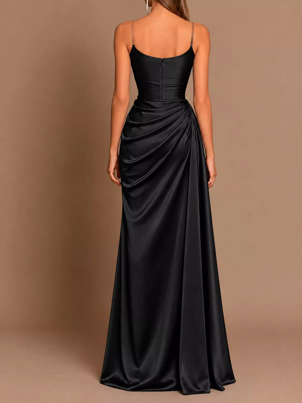 Maren Satin Cowl-Neck Slit Maxi Dress in Black, on model