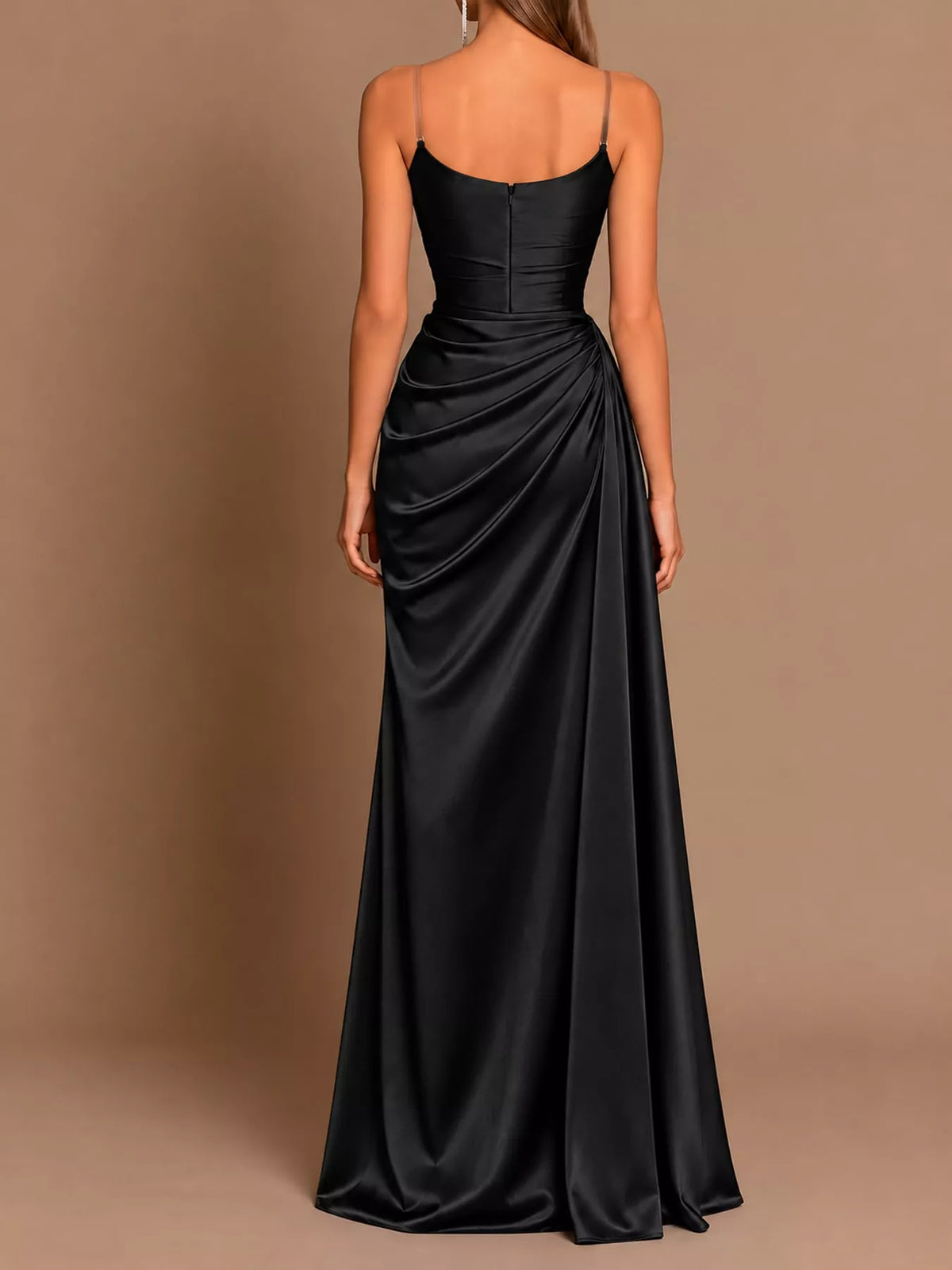 Maren Satin Cowl-Neck Slit Maxi Dress in Black, on model