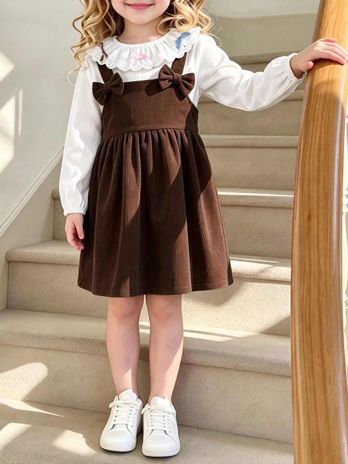 Fleur Corduroy Dress + Ruffle-Collar Blouse Set in Chocolate, on model