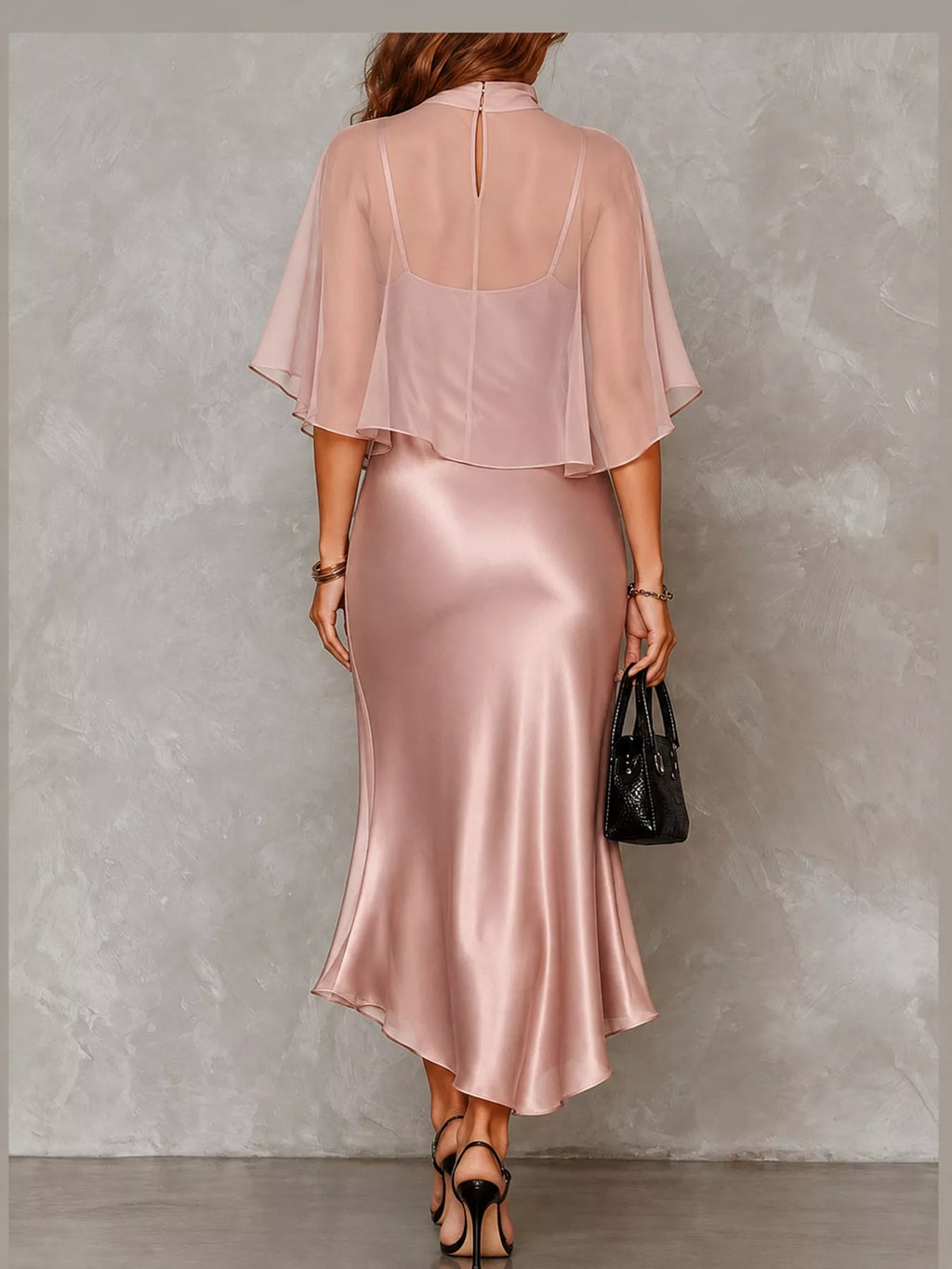 Calla Satin Slip Dress + Sheer Cape Set in Pink, on model