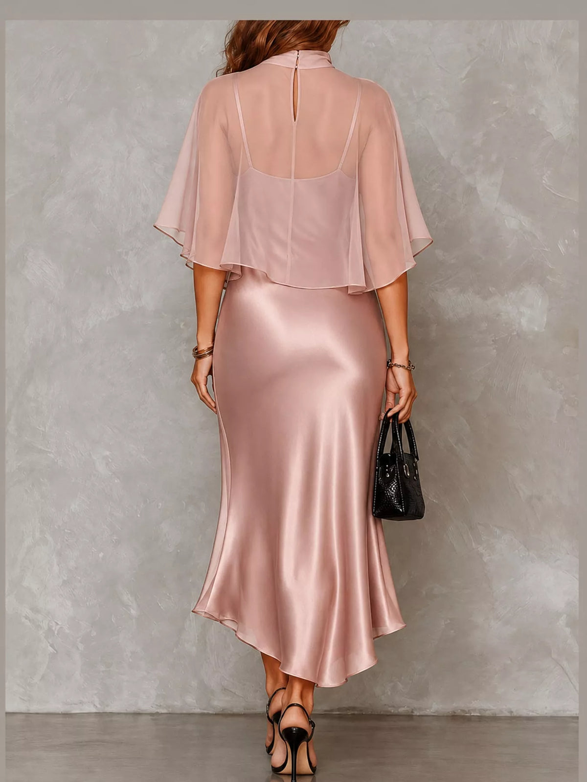 Calla Satin Slip Dress + Sheer Cape Set in Pink, on model