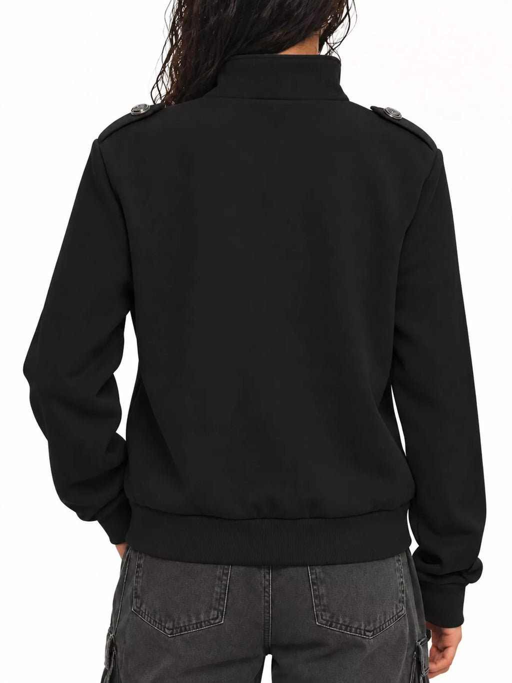 Lottie Military-Button Zip Jacket in Black, on model
