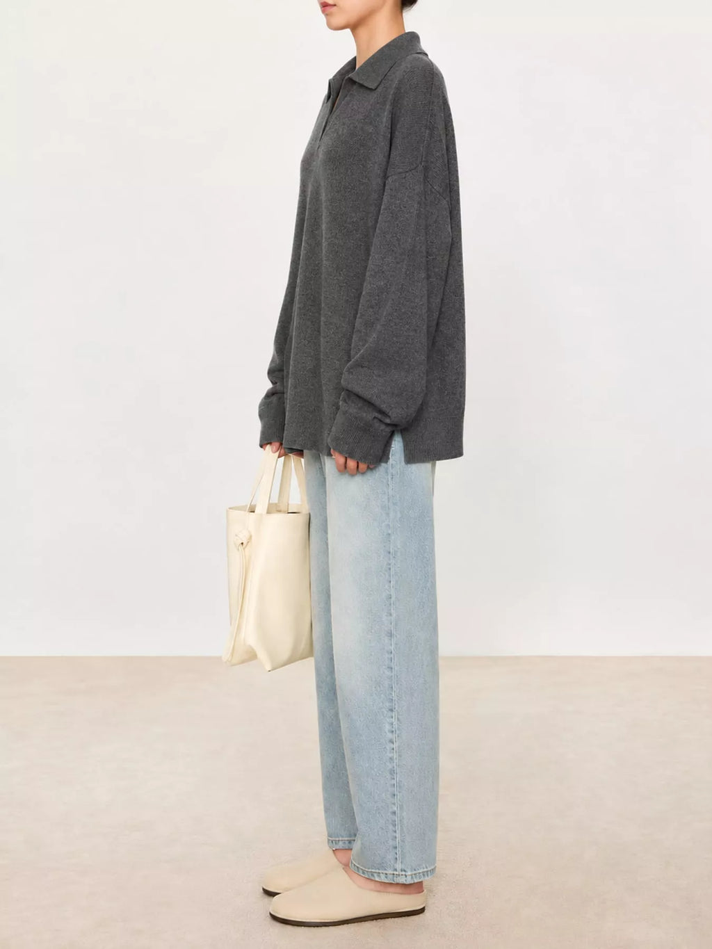 Priya Polo-Collar Drop-Shoulder Sweater in Dark Gray, on model
