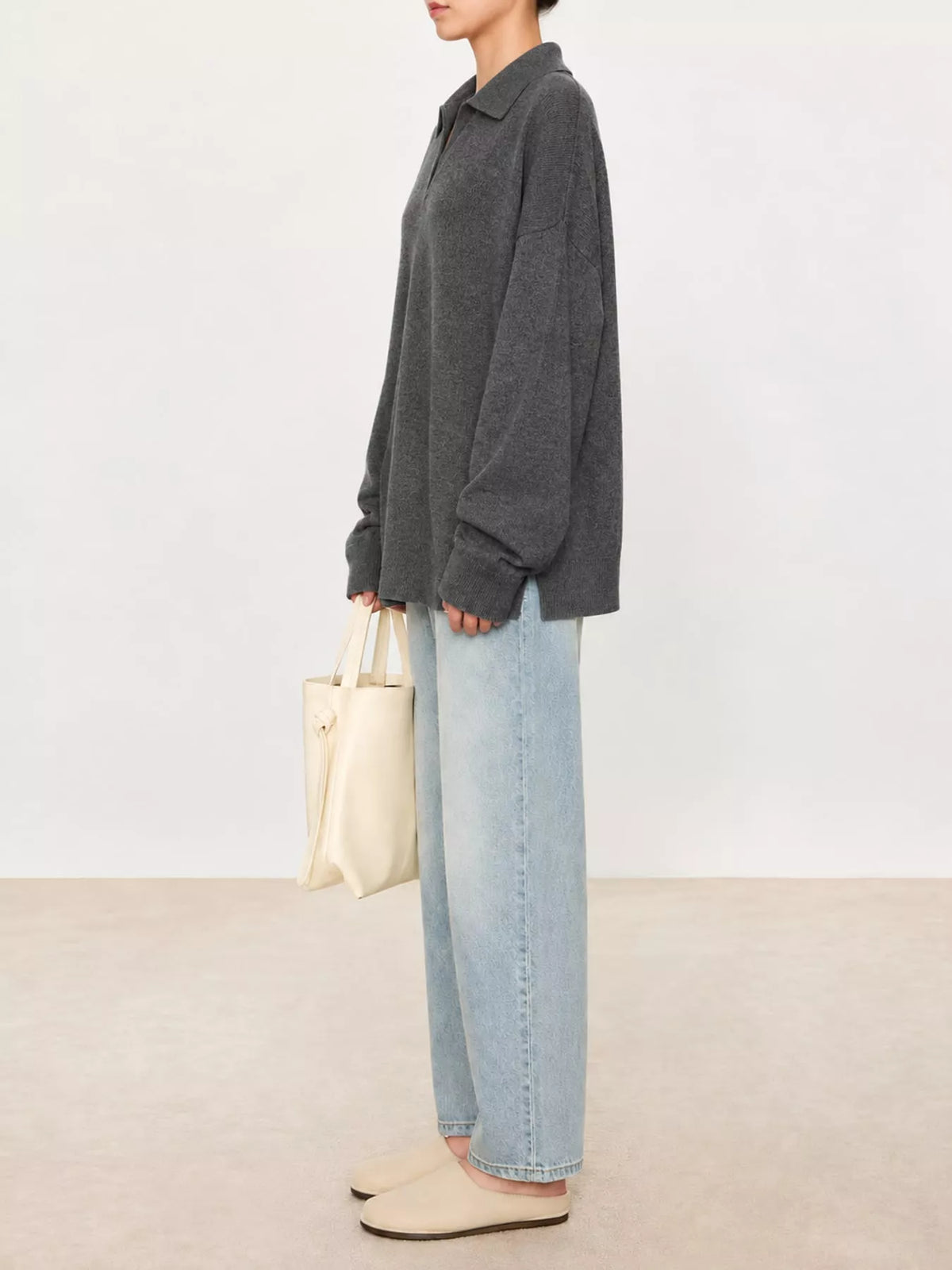 Priya Polo-Collar Drop-Shoulder Sweater in Dark Gray, on model