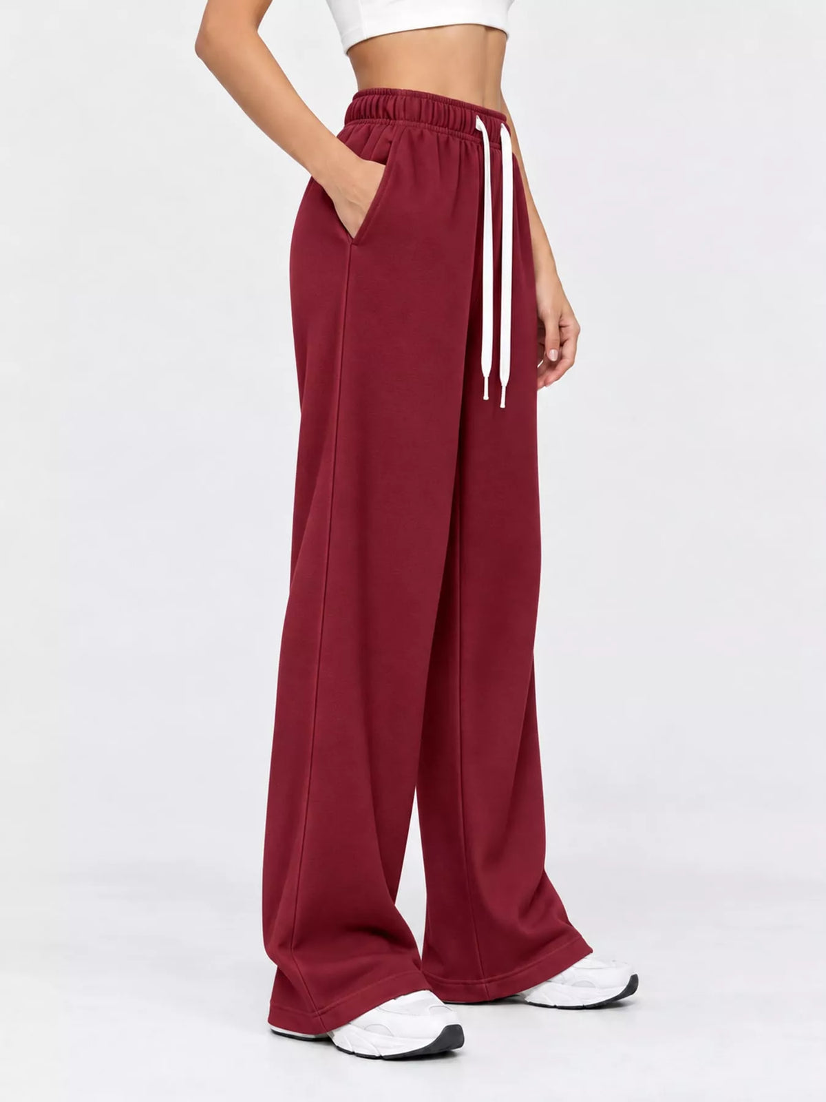Odessa Drawstring Wide-Leg Sweatpants in Wine Red, on model