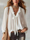 Hollis Ruffled Tie-Front Blouse in White, on model