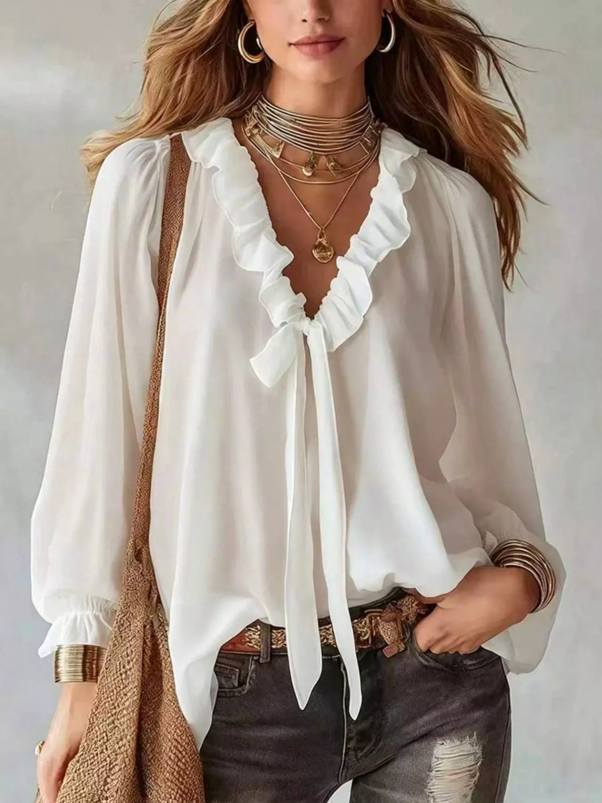 Hollis Ruffled Tie-Front Blouse in White, on model