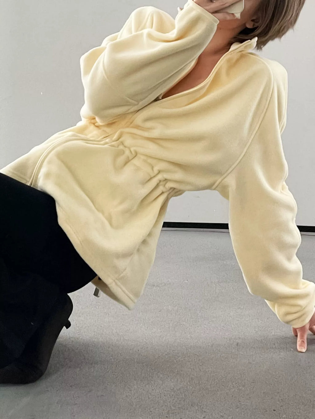 Kaia Cinched-Waist Fleece Zip-Up Jacket in Yellow, on model
