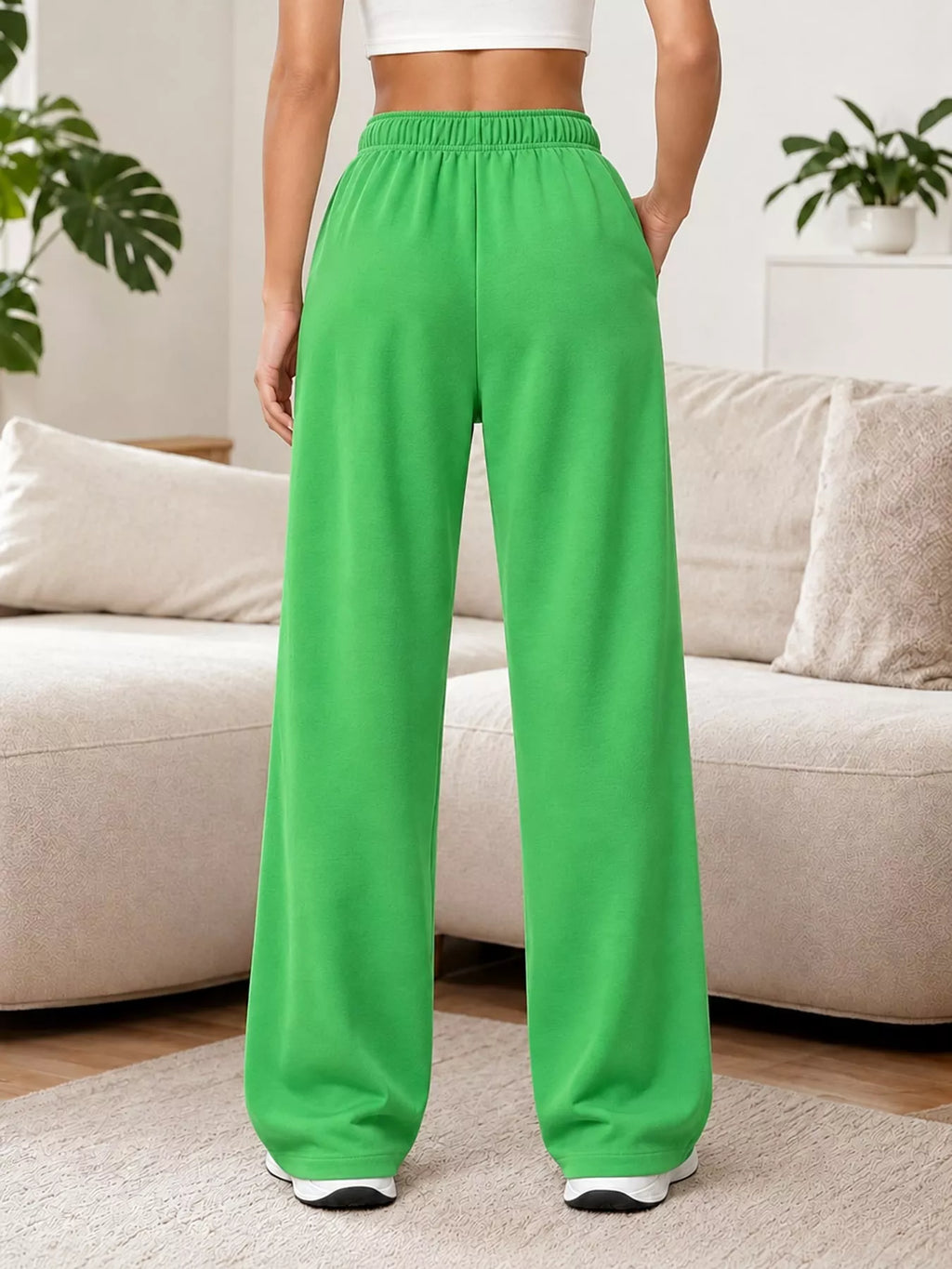 Odessa Drawstring Wide-Leg Sweatpants in Grass Green, on model