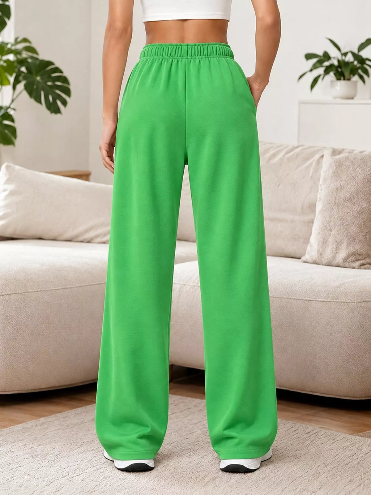 Odessa Drawstring Wide-Leg Sweatpants in Grass Green, on model