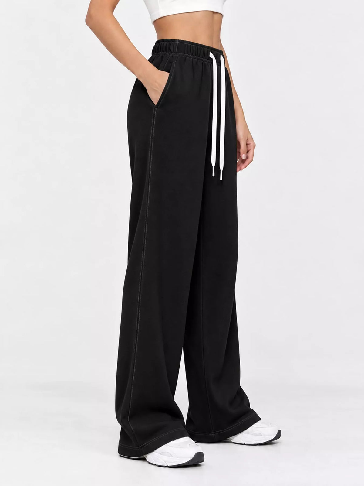 Odessa Drawstring Wide-Leg Sweatpants in Black, on model