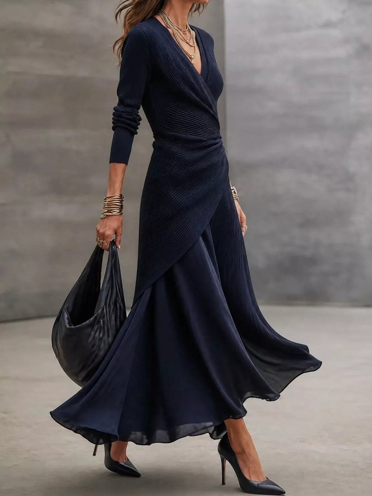 Delia Navy Surplice Midi Dress, on model
