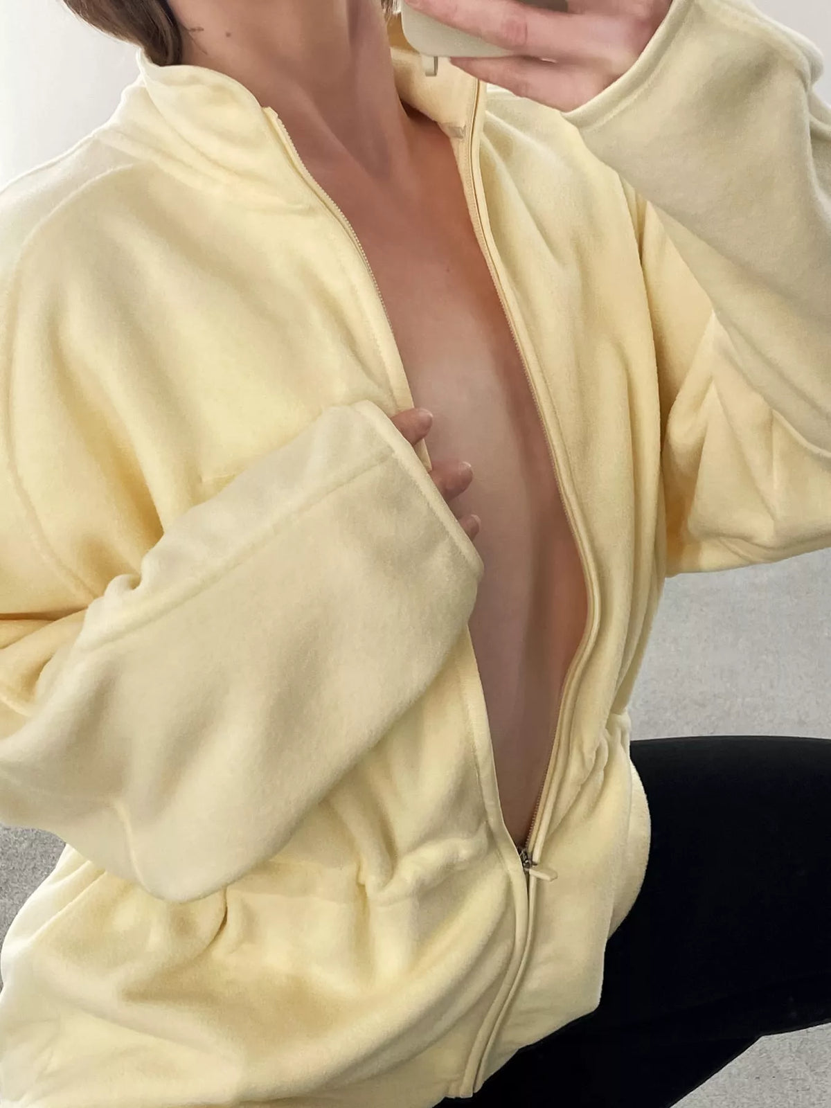 Kaia Cinched-Waist Fleece Zip-Up Jacket in Yellow, on model