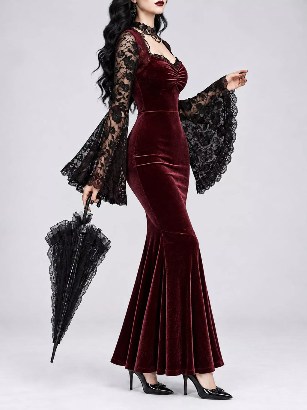 Romilly Velvet Lace Bell-Sleeve Mermaid Maxi Dress in Burgundy, on model