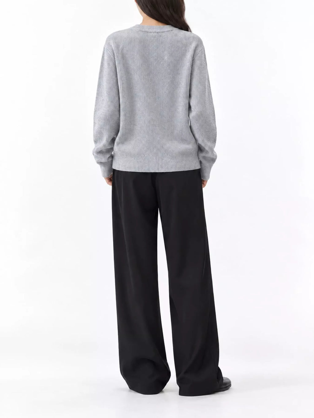 Nell Asymmetric Button Ribbed Cardigan in Light Gray, on model