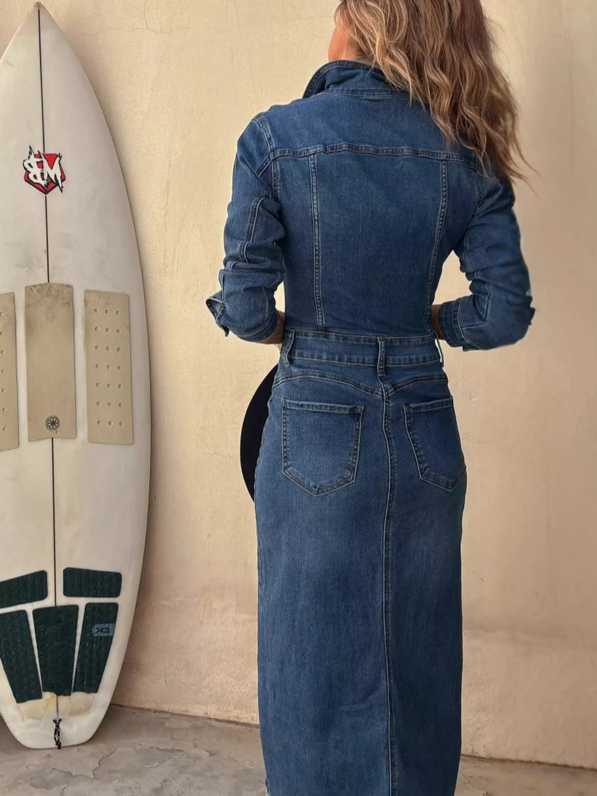Joelle Button-Front Denim Midi Dress in Dark Blue, on model