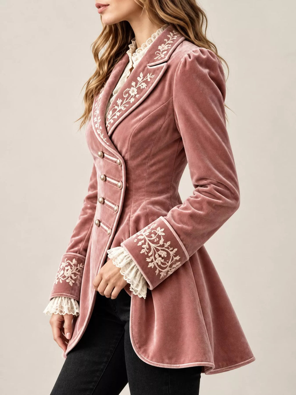 Isadora Embroidered Velvet Peplum Blazer in Pink, on model