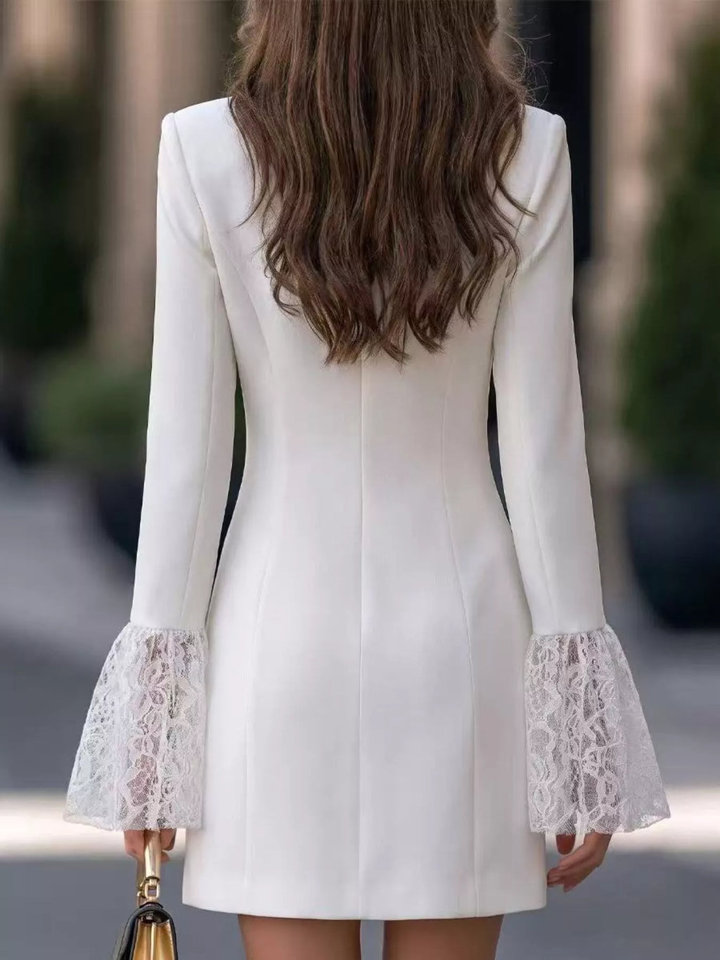 Greer Double-Breasted Blazer Dress in White, on model