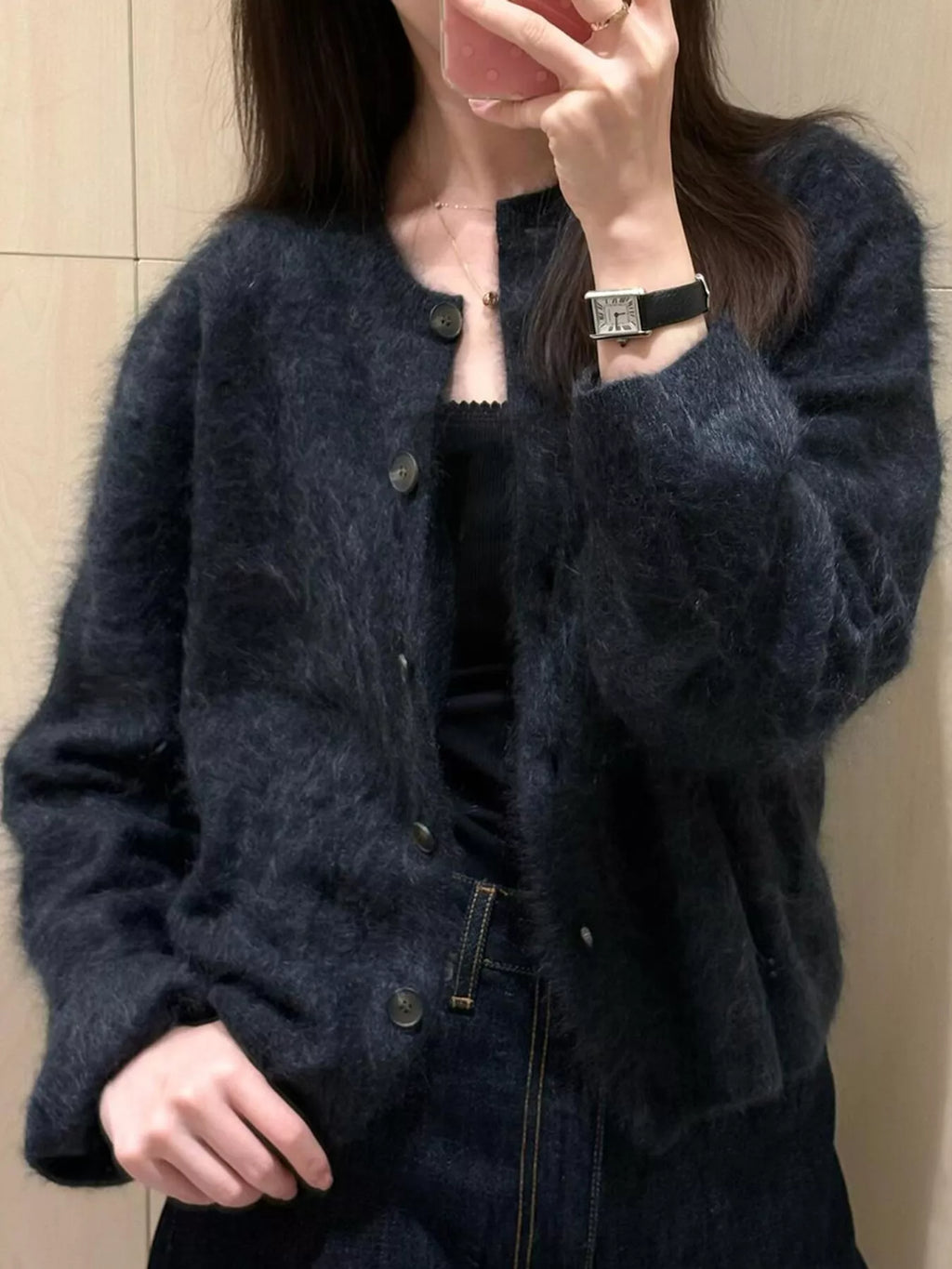 Flora Fuzzy Cropped Button Cardigan, on model