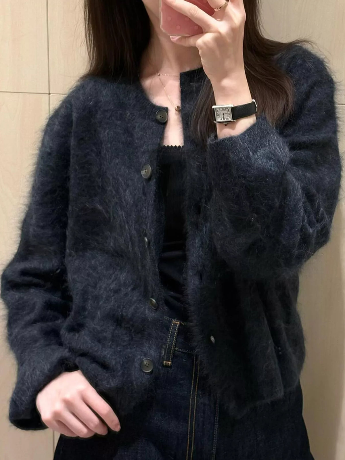 Flora Fuzzy Cropped Button Cardigan, on model
